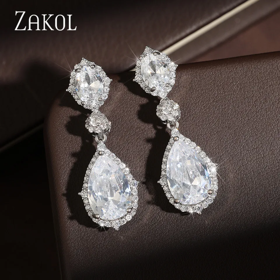 ZAKOL Luxury Water Drop Cubic Zirconia Dangle Earrings for Women Exquisite Gold Silver Color Charm Bridal Wedding Jewerly
