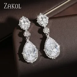 ZAKOL Luxury Water Drop Cubic Zirconia Dangle Earrings for Women Exquisite Gold Silver Color Charm Bridal Wedding Jewerly