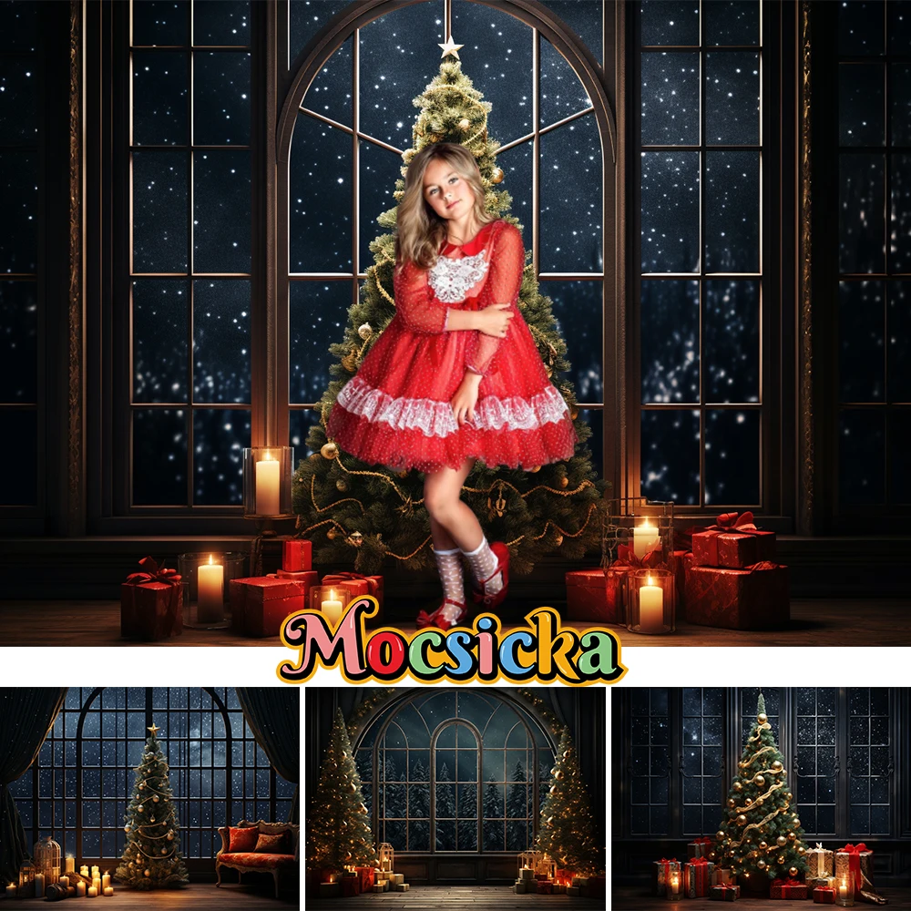 

Mocsicka Christmas Window Snowy Night Backdrops Xmas Tree Portrait Photos Photography Background Candles Gift Boxes Decor