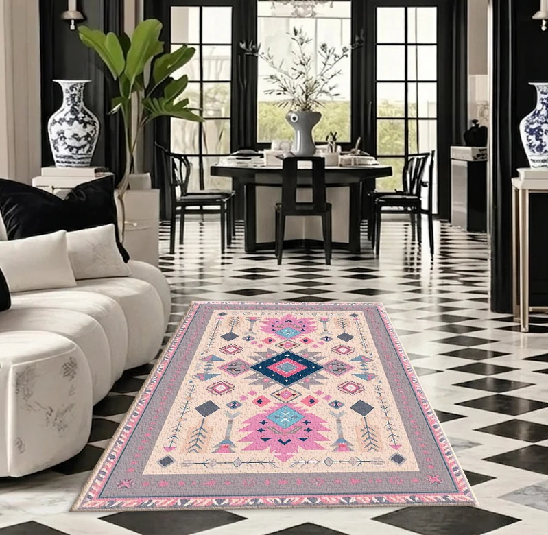 Light Pink and Blue Aztec Tribal Carpet Floor Decoration with Arrow and Diamond Ethnic Prints, Square Carpet Suitable for Bedroom and Living Room Decor
