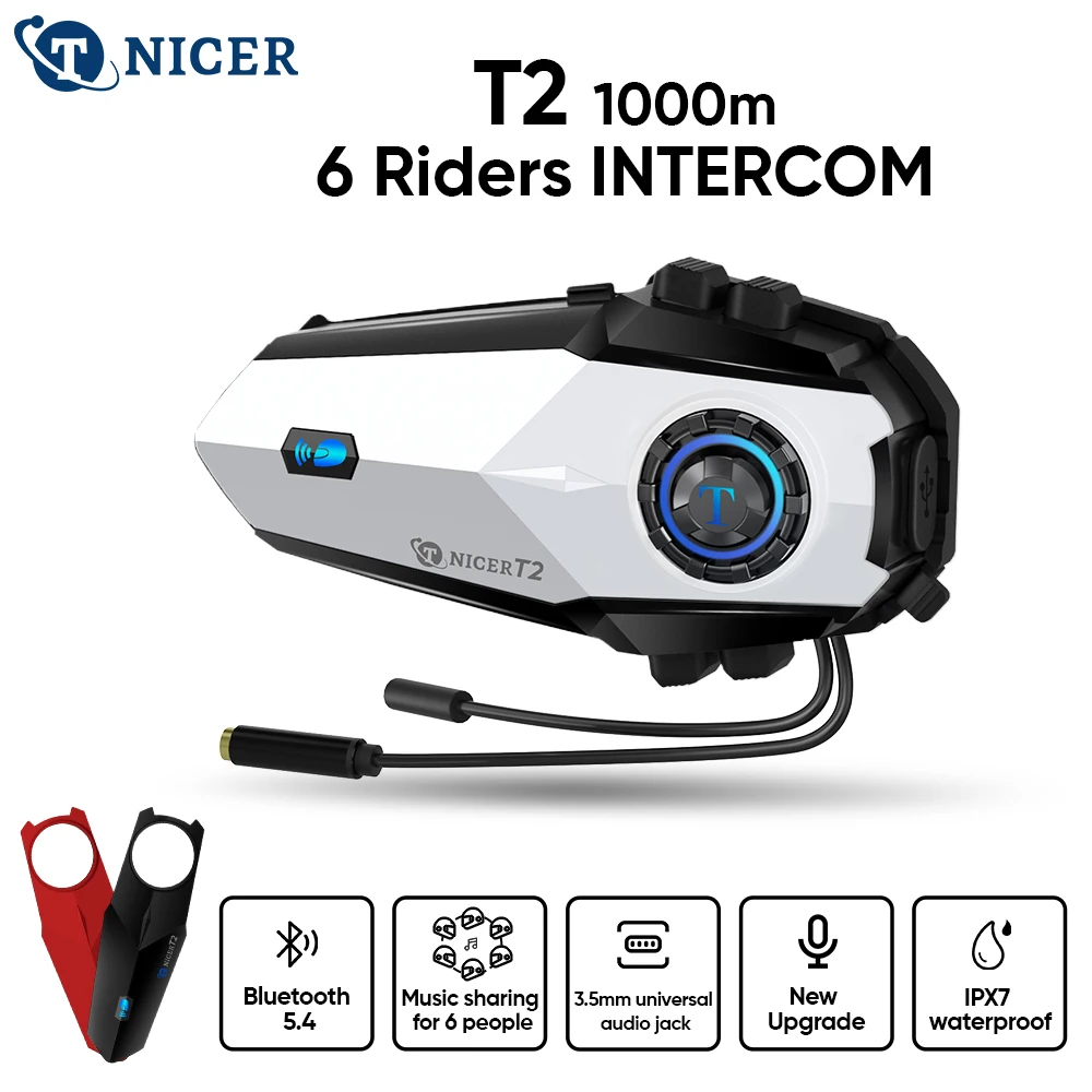 TNICER T2 Motorcycle Helmet Communicator 1000m 6 Riders Bluetooth 5.4 Motorcycle Intercom IPX7 Waterproof.