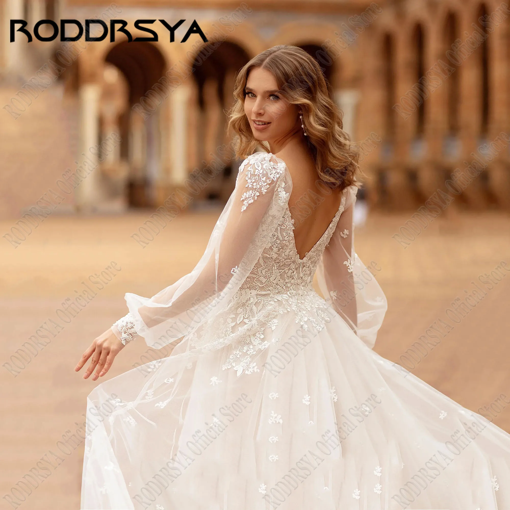 RODDRSYA Boho A-Line Lace Wedding Dress Women Puff Sleeves Tulle Bridal Gowns Backless Applique Bride Dress Plus Size Customized