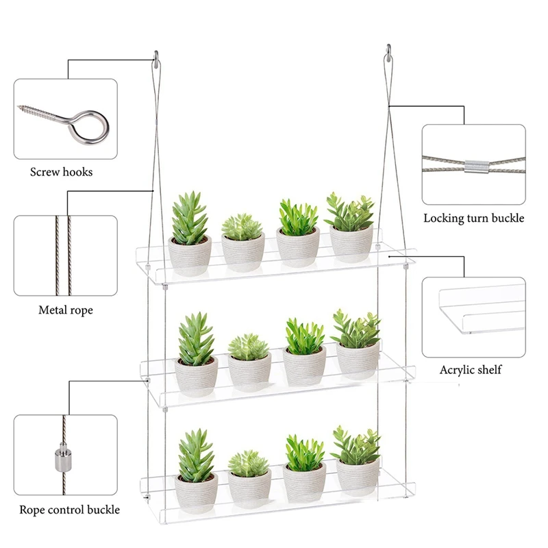 Estantes para plantas de ventana de IALJ-3-Tier de 16 pulgadas, estante flotante colgante ajustable acrílico, extensor de alféizar de ventana para plantas de interior