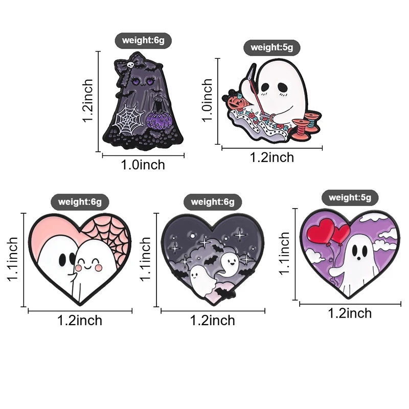 Cute Halloween Ghost Boo Enamel Pins Heart Spooky Bat Spiderweb Sewing Ghost Boo Brooch Bag Lapel Badge Jewelry Gift for Friends
