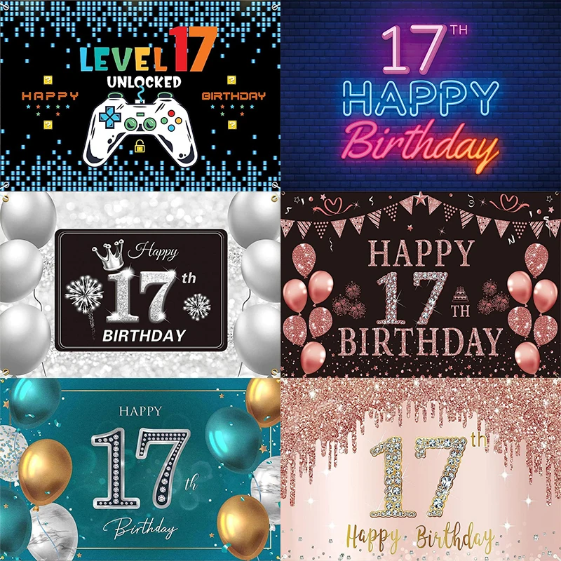 

Photography Backdrop Background 17 Years Prince Princess Banner Balloon Boy Girl Custom Happy 17th Birthday Party Wall Golden