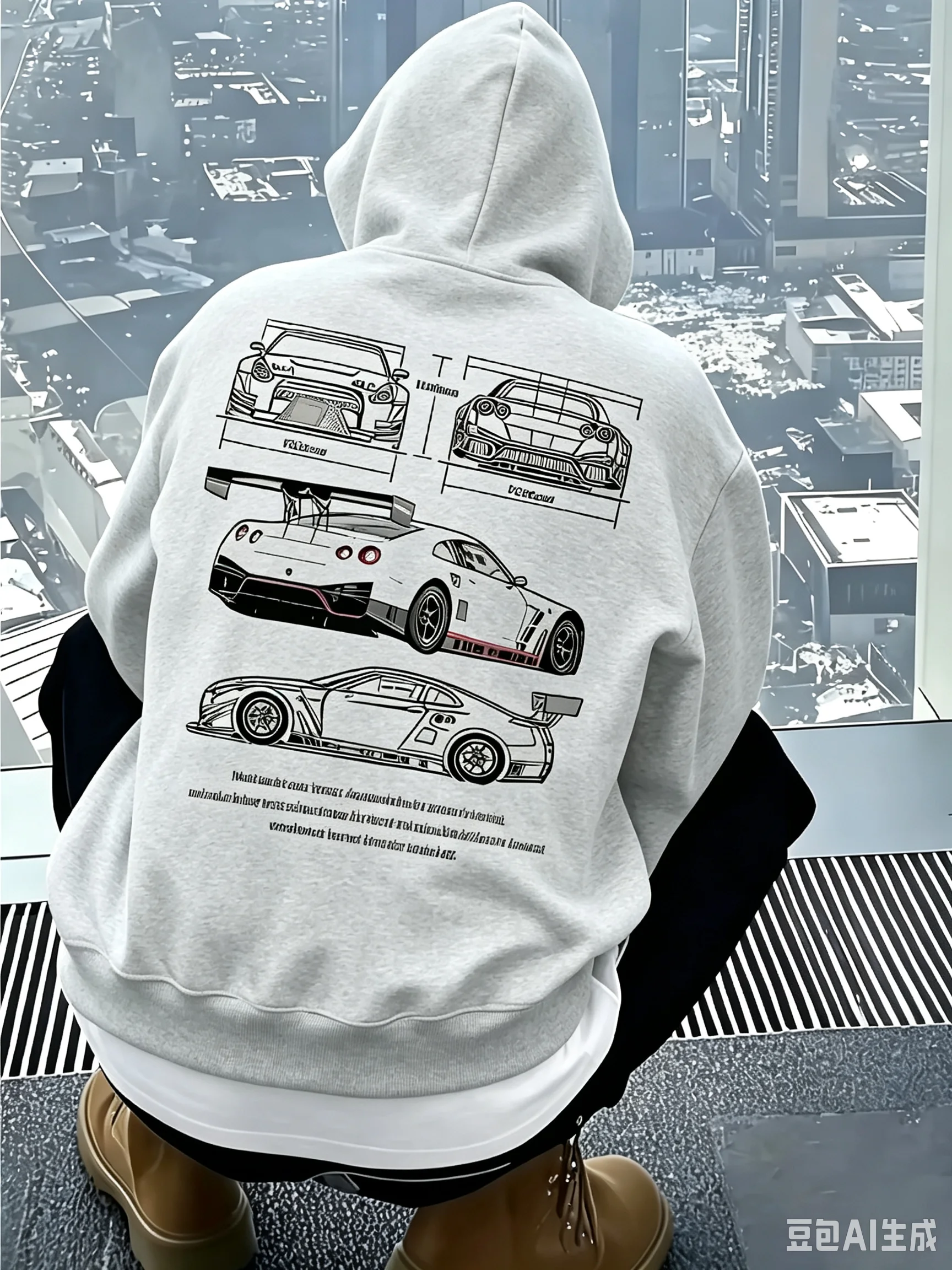 Motorsport-Herren-Kapuzenpullover mit Rennwagen-Technikzeichnung auf der Rückseite, lässiges Oberteil für Herbst und Winter – Detail 4