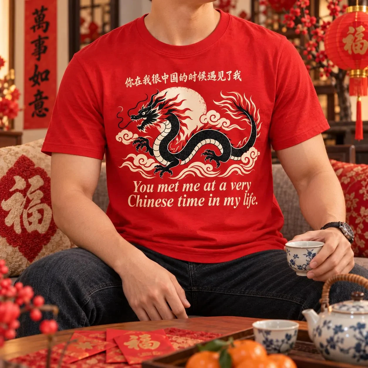 You Met Me At A Very Chinese Time in My Life T Shirt Chinese Dragon Graphic Tee Chinese Characters Print Viral Meme Short Sleeve
