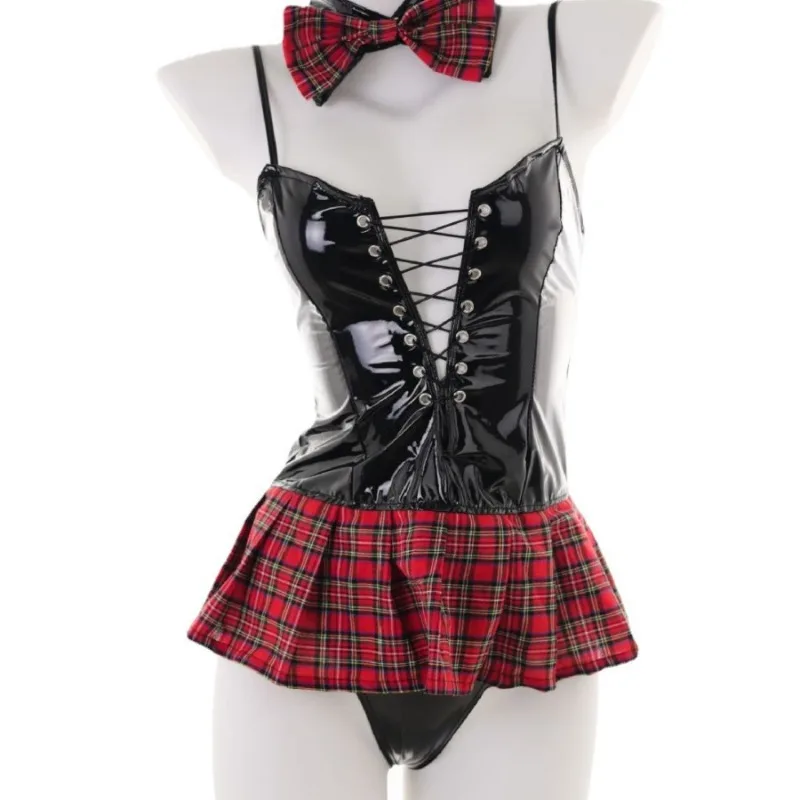 

Женское сексуальное женское белье, сексуальный кролик для девочек, цельный клетчатый ремень на подтяжках, униформа с открытой грудью, соблазнительная кожаная куртка