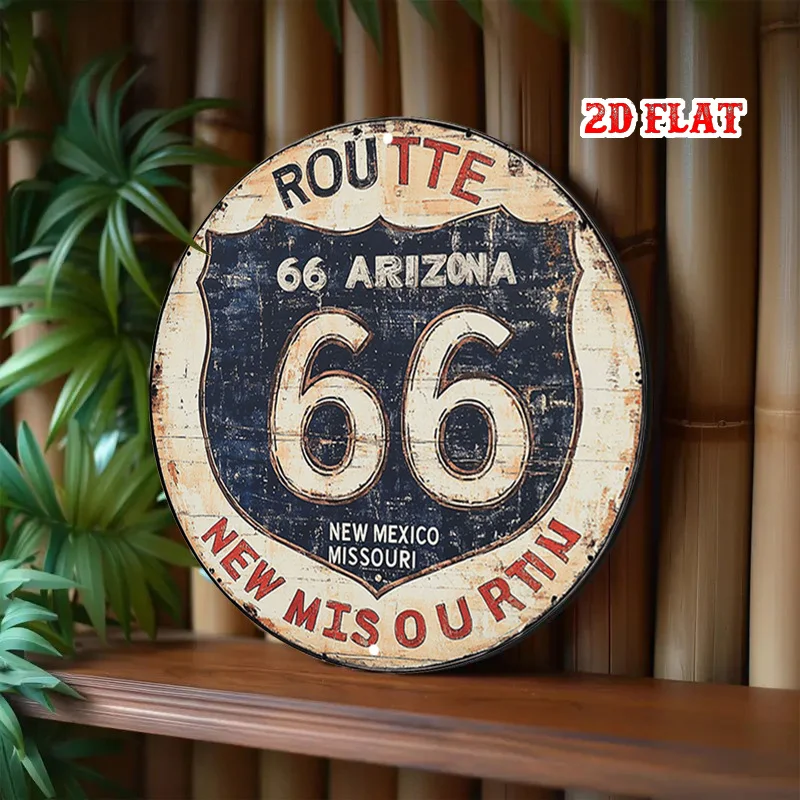 قطعة واحدة من لوحات فنية جدارية معدنية على الطريق العتيق 66 - لافتة ألومنيوم مستديرة مع قاعدة سوداء وتصميم درع أبيض، مظهر ريفي متماثل في الداخل