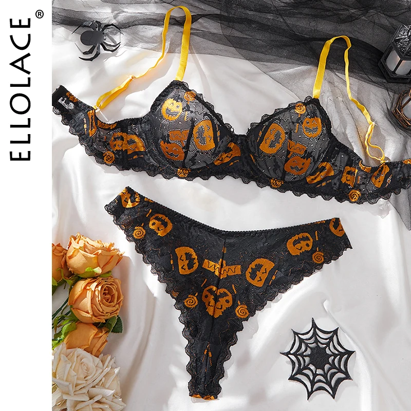 

Ellolace Halloween Lingeries Sexy Hot Exclusive Pumpkin Lamp Wacky Faces 2PC Set Witty Treat and Trick Cosplay Women's Underwear