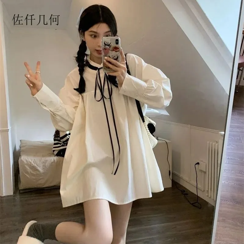 

2025 French Vintage Puff Sleeve Short Dresses Women Sweet Long-sleeved Lace-up Bow Loose Above Knee Dress Female