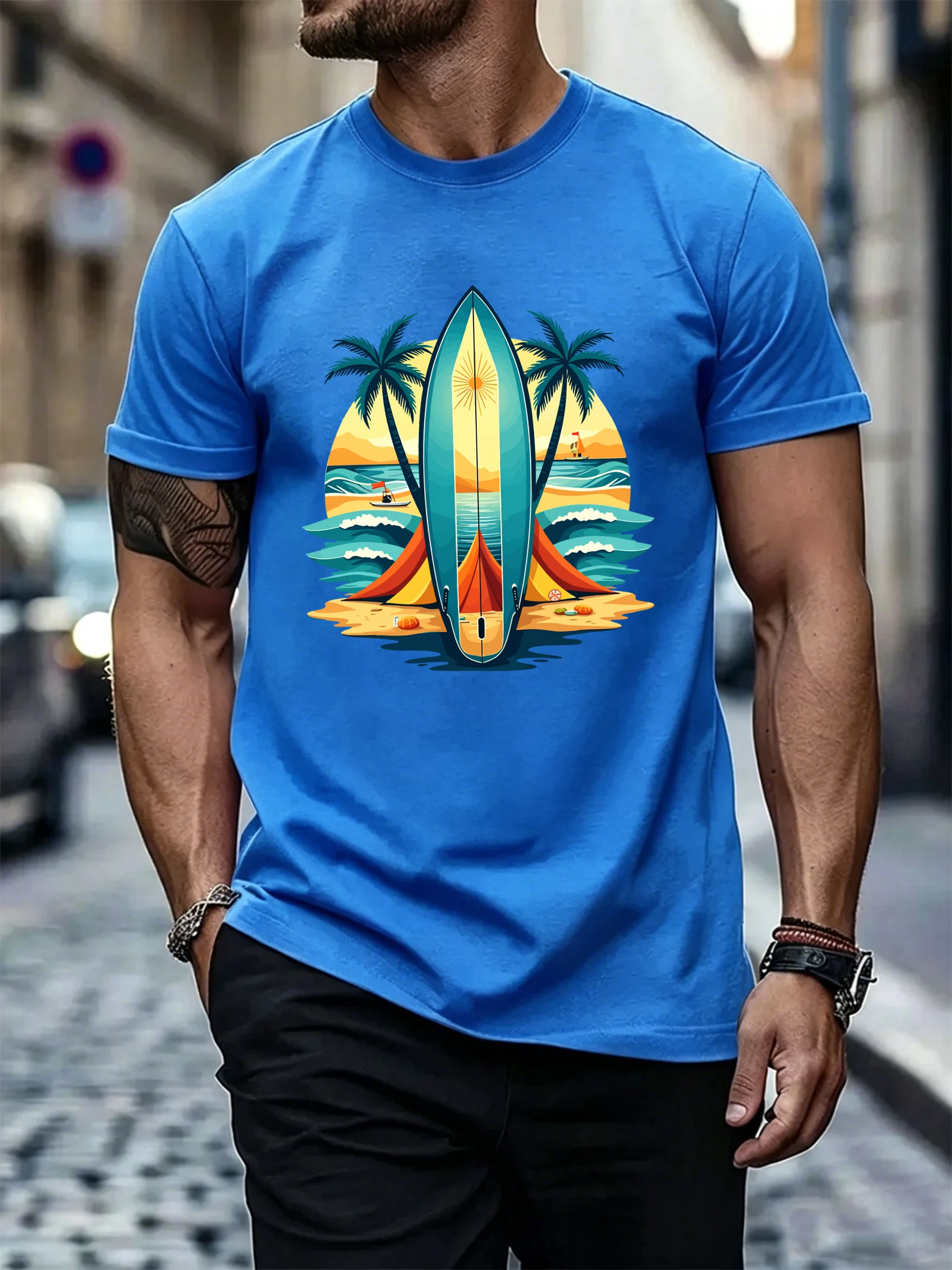 Strand Kokospalme Wellen-Surfbrett-Print Coole Streetwear Herren Sommer Lockere T-Shirts Vintage Y2K Oberteile Baumwolle Weiche Streetwear