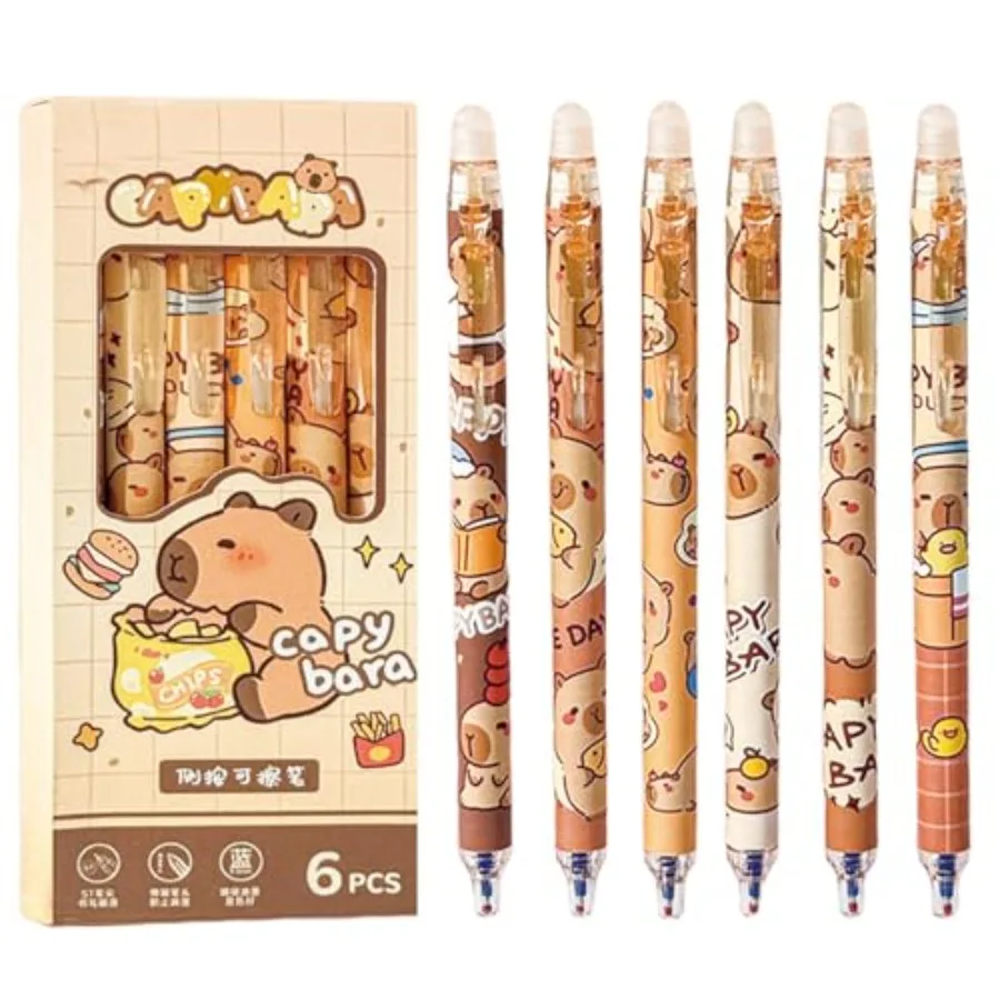 

6 Pcs Cute Erasable Retractable Pens Erasable Gel Ink Pens Cartoon Capybara Pen 0.5mm Fine Point Ink Pen Cartoon Writing Pen Of