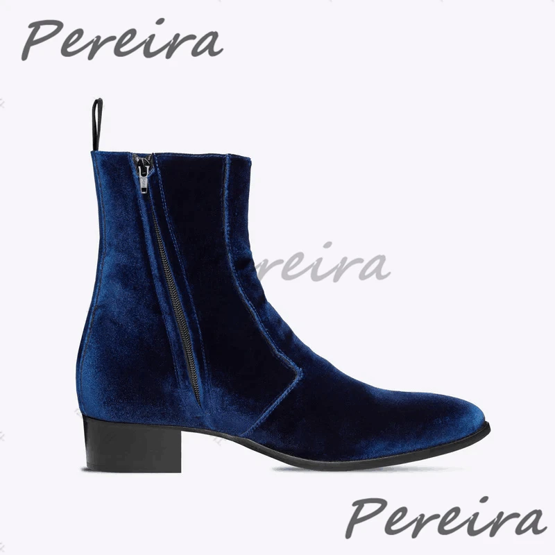 

Blue Suede Leather Men Chelsea Boots British Style Pointed Toe Cowhide Zipper Short Boots Luxury High Heels Business Dress Shoes