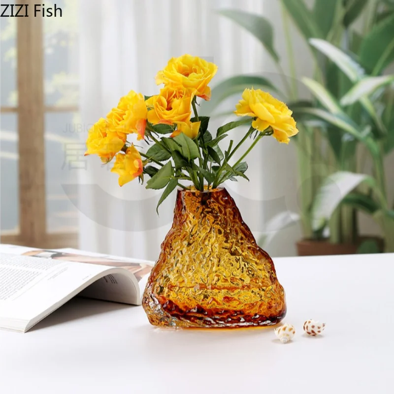 Amber Mountain Shaped Glass Vase Small Mouth Decorative Vases Ornament Flower Arrangement Floral Vase Hydroponic Vases Crafts