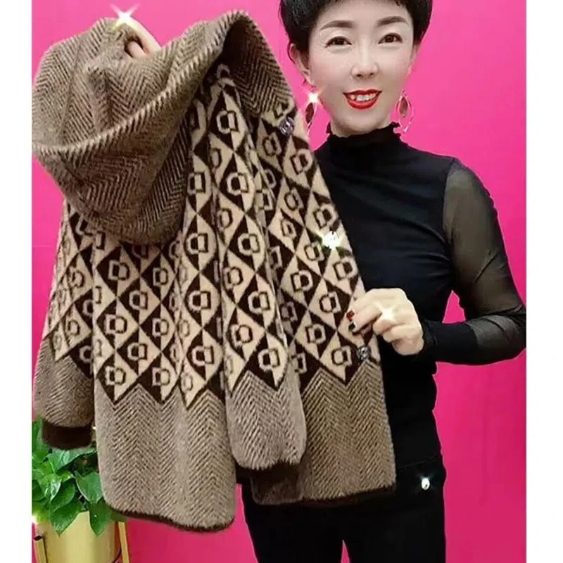 2023 New Imitation Mink velvetShort Hooded Woolen Coat Fall Winter Middle Aged Women Knitted Cardigan Sweater Zipper Coats