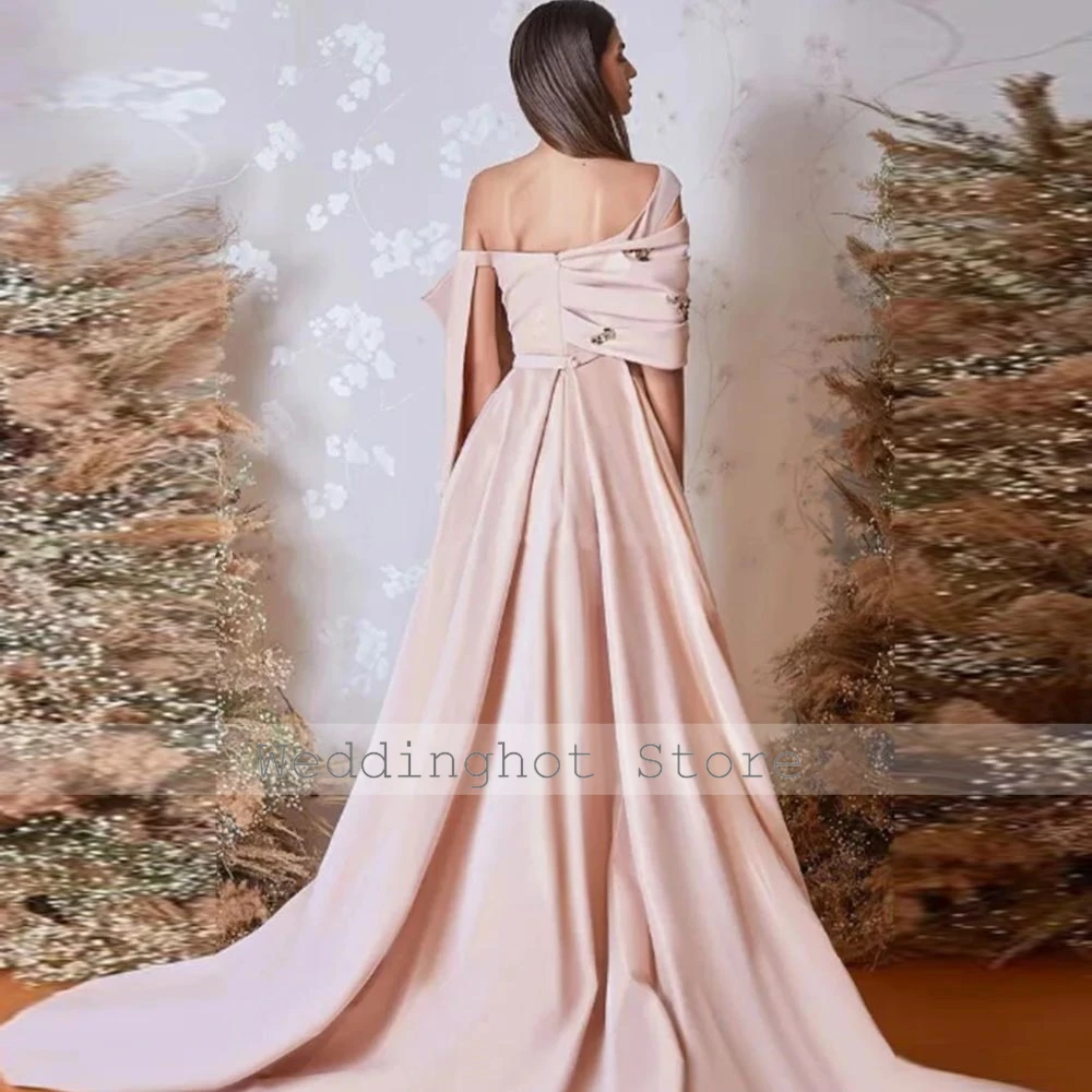 Pink Luxury Dresses Long Charmeuse Bow Rhinestone Pleat Ruched Valentine's Day A-line One-shoulder Bespoke Occasion Gown 2024