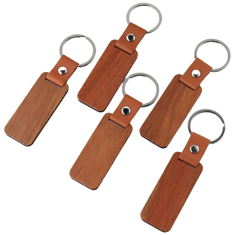 10 Pcs Rectangle Leather Keychain Unfinished Wood Keychain Blanks Wooden Walnut with Keyring for DIY Crafts Engraving Gift