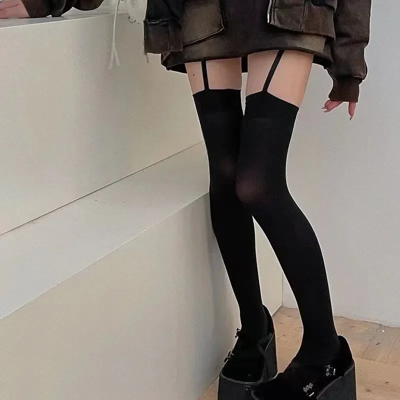 女性用サスペンダーワイドバンドベルベットタイツロリータ薄い太ももハイストッキングガーター付きY2K JKカレッジスタイルオーバーニーソックス