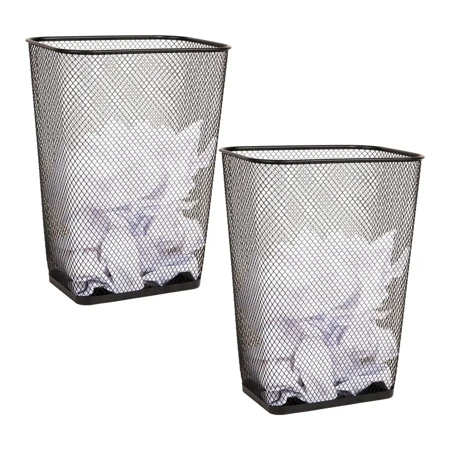 

10 Gallon Executive Waste Paper Bins, Solid Bottom, Non Slip Pads, Office and Home, Metal Mesh, Set of 2, Black