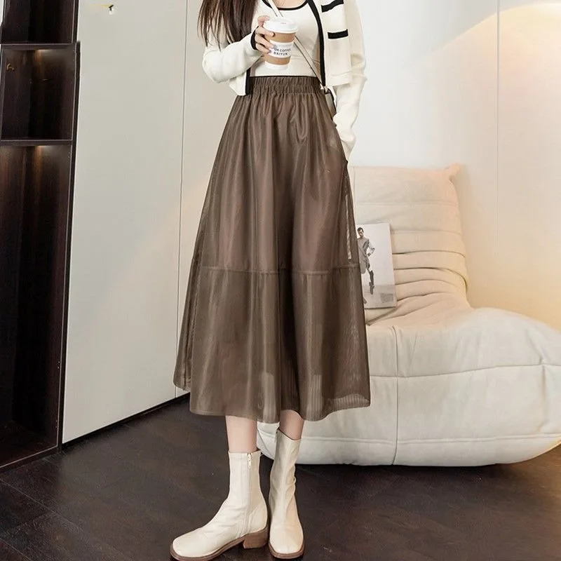 

Simplicity Office Lady Spring/Summer Women's Solid Gauze Patchwork Korean Fashion High Waist Mid-length Ball Gown A-line Skirts