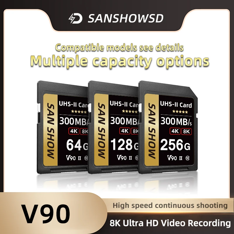 

V90 SD Card, UHS-II,SXDC, U3, Read Speed 300MB/s, Write Speed 270MB/s, High Capacity Memory Card for 4K 8K RAW Video Recording