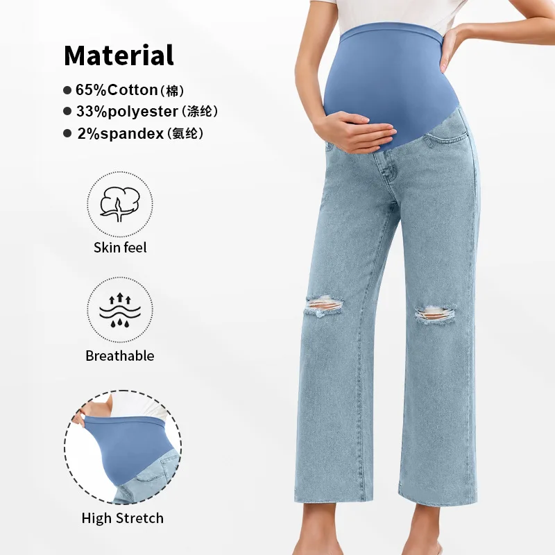 Pregnant Women Casual Denim Cropped Pants Spring Autumn Maternity High Waist Belly Support Ripped Jeans Pregnancy Trousers