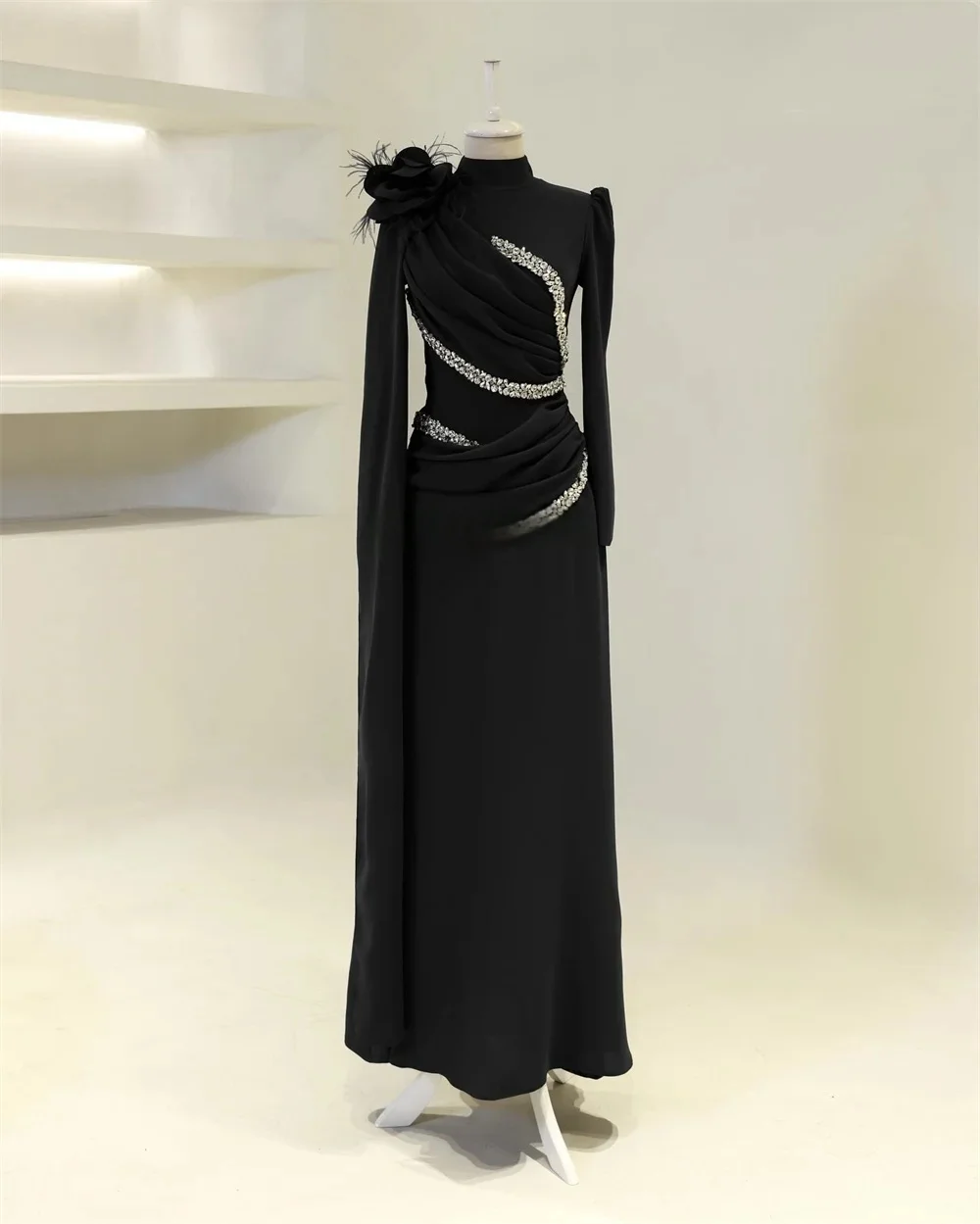

Black Beaded Long Sleeves Bespoke Occasion Gown Evening Dresses Pastrol Unisex Jersey Retro Dubai Saudi Arabic Prom Customized