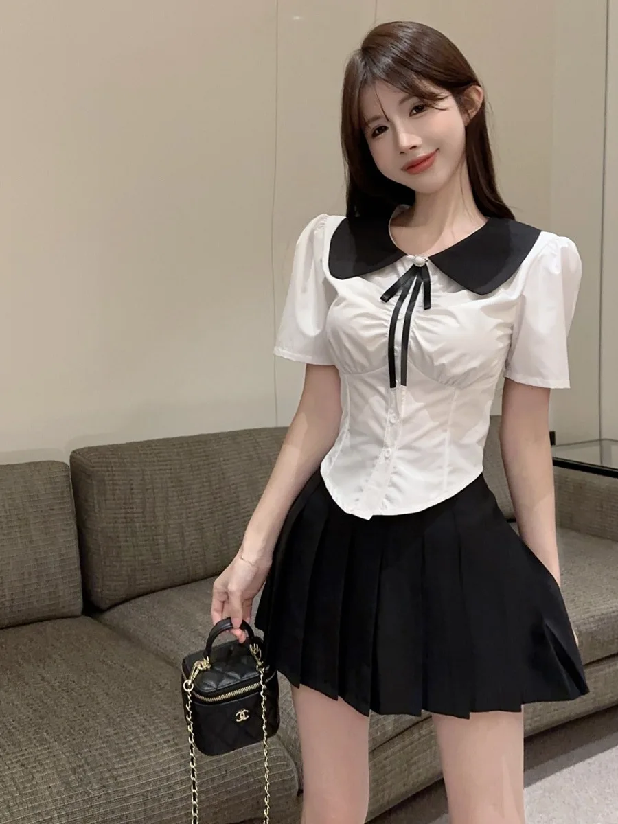 

Симпатичная школьная юбка Sle JK orm ort Sve Doll Collar irt Плиссированная юбка с высокой талией Комплект для похудения талии Faionable Ense...