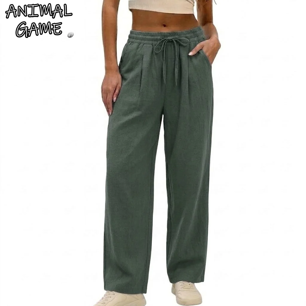 New Women's Cotton Wide Leg Pants Casual Loose High Waisted Long Trousers Soft Sweatpants Baggy Drawstring Sweat Pants for Sport