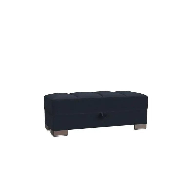 

Upholstered Convertible Ottoman with Storage, Dark Blue Fabric, Wood Trim
