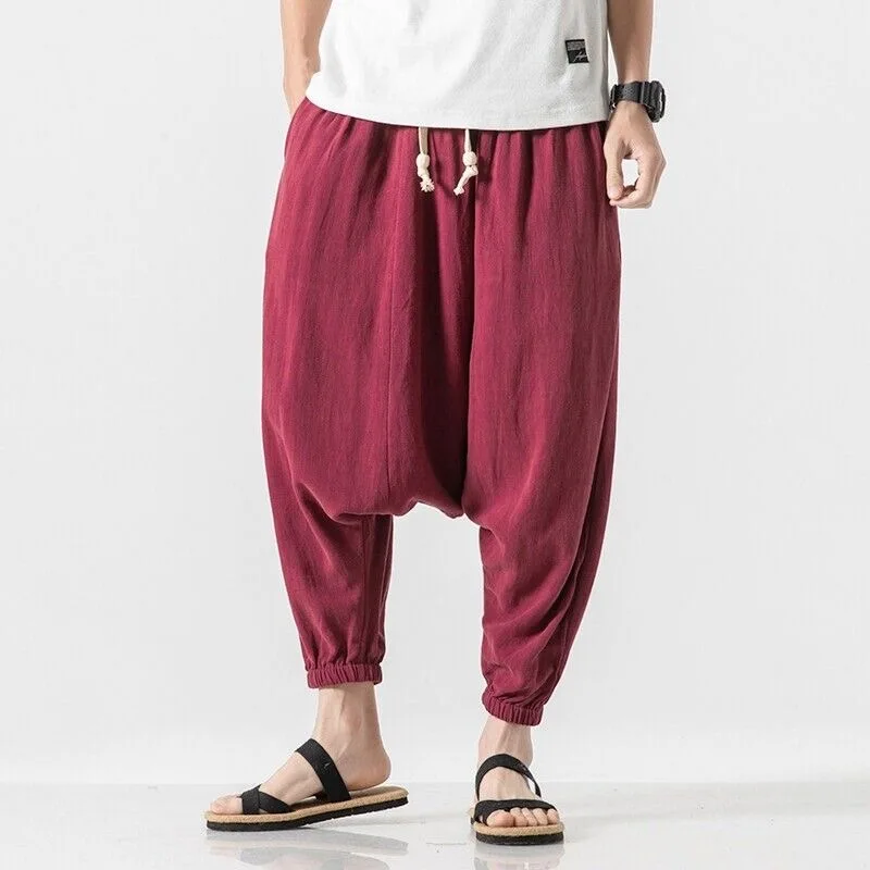 Men Drop Crotch Linen Vintage M-5XL Pants Male Trendy Handsome Ethnic Loose Casual Solid Simple Trouser Summer Harem Pantalons