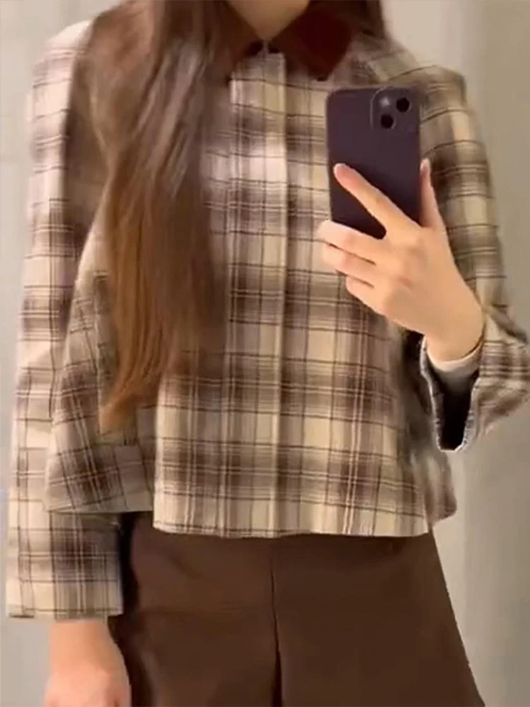 Getäfelten Plaid Drehen-unten Kragen Jacken Frauen Casual Lose Lange Hülse Kurze Jacke Weibliche 2025, Frühling Temperament Outwear tops