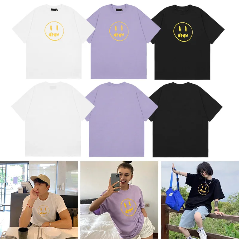 

Drew House Premium Quality Summer 100% Cotton Loose-Fit Men's Versatile Smiley Graffiti Short-Sleeve T-Shirt ins Women