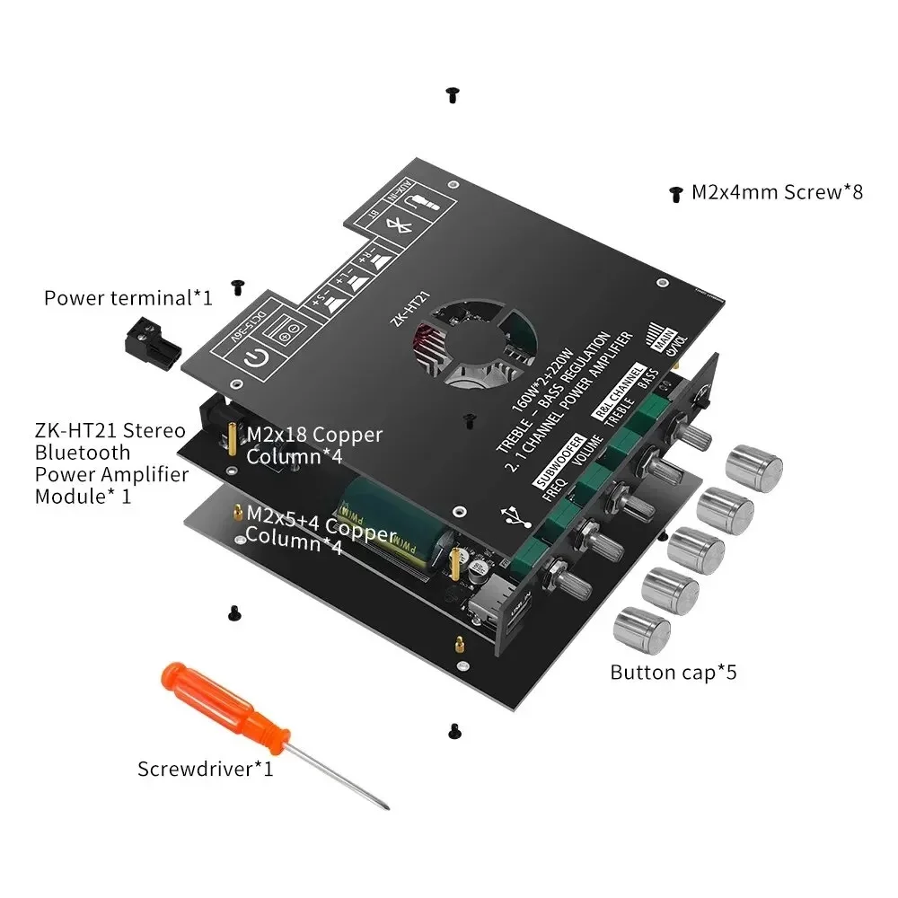 ZK-HT21 ZK-MT21 2.1 Channel TDA7498E 160WX2+220W 2x50W+100W Bluetooth Digital Power Amplifier Module High And Low Tone Subwoofer