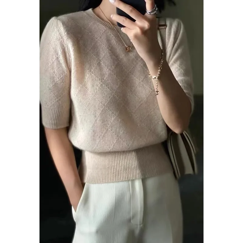 Temperament  wind round neck hollow short cashmere knit short sleeve women spring and summer new loose thin wool half sleeve