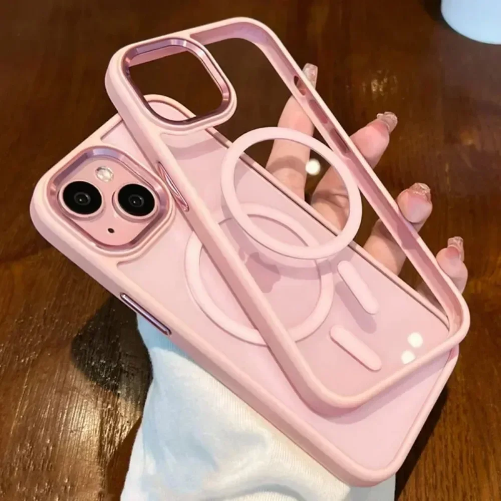 Luxo armadura clara magsafe caso para iphone 16 15 11 13 12 14 pro max plus carga magnética sem fio à prova de choque capa transparente