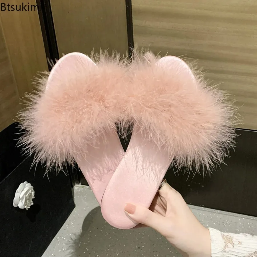 2024 Women\'s Faux Fur Slippers Silk Indoor Summer Shoes Ladies\' Sandals Anti-slip Women Fashion Slides Female Home Floor Slipper