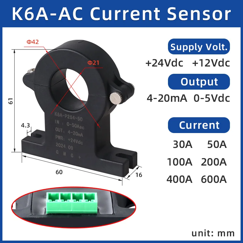 K6D Hall Effect Current Sensor Input DC 50A-600A Output 4-20mA 5V 4V 10V Current Transducer