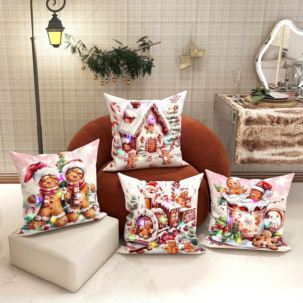 LED light luminous pillowcase, gingerbread man candy house pattern design, suitable for Christmas party home decoration gifts