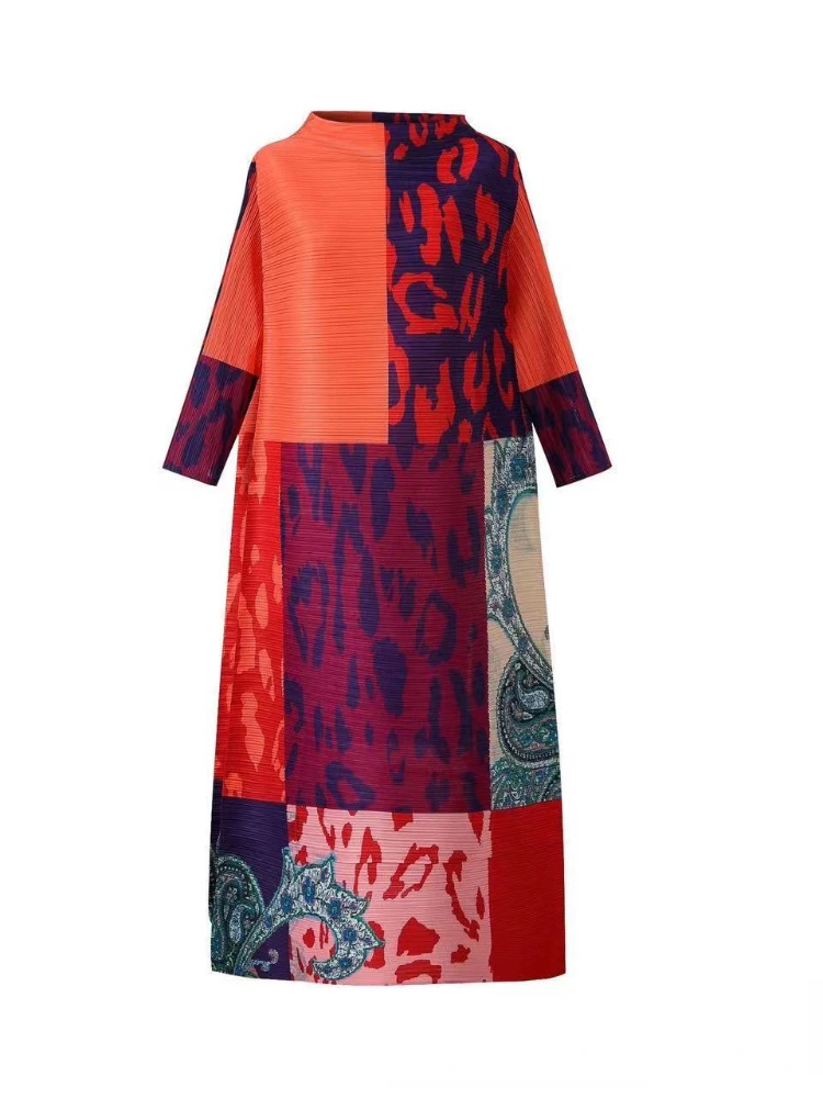 ANLAN Miyake Pleated Printed Dress Color Contrast Long Sleeved Relaxed Women\'s Long Casual Party Dresses for 2024 New 9AN3715