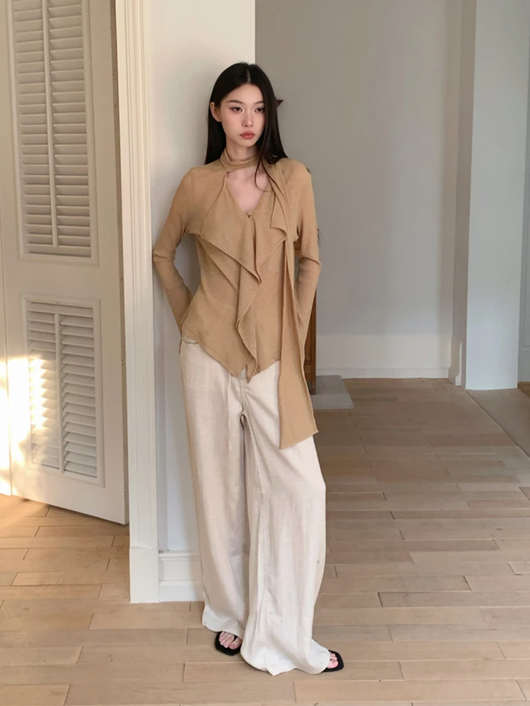 

CHEERART Minimalist Style Khaki Long Sleeve Woman Tops And Blouses Ribbled V Neck Flare Sleeve Knit Top Designer Clothing