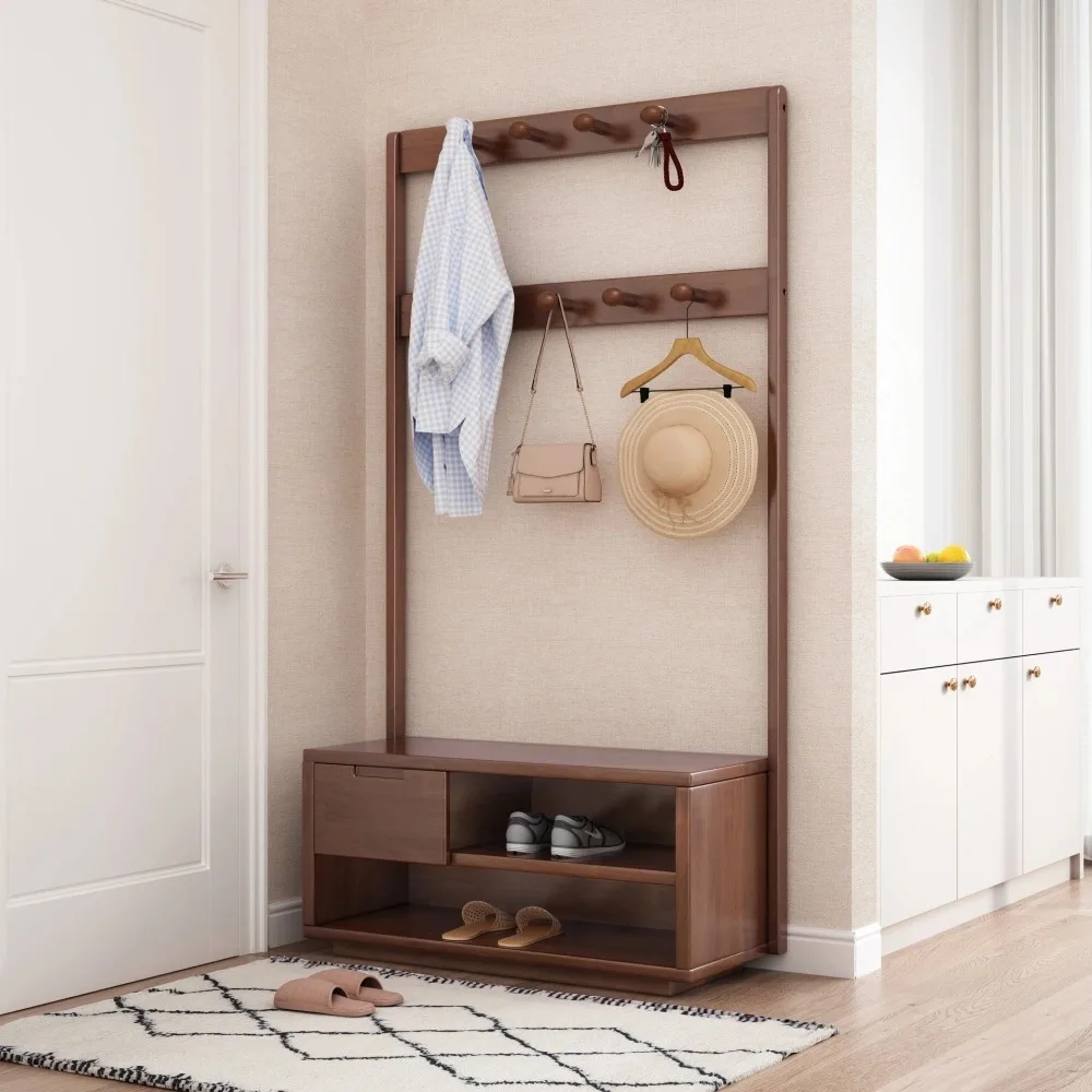 Cross-border Small Space Storage Modern Minimalist Entry Rubber Wood Multifunction Shoe Coat Rack Home Furniture Hidden Drawer