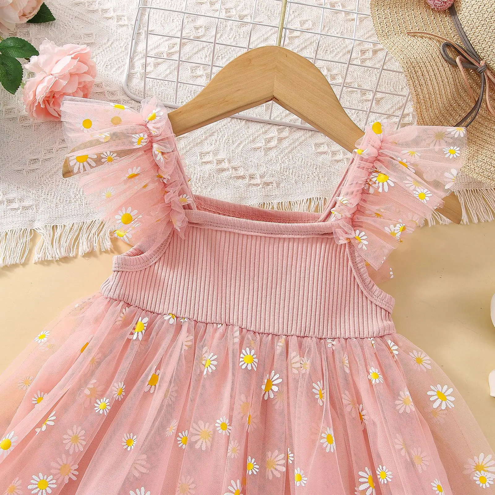 Summer New Daisy Chiffon Baby Girl Dress, Princess Style Wedding Party Children\'S Sleeveless Clothes (6 Months -3 Years Old)