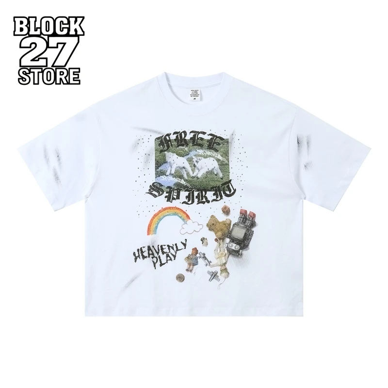 Mens T Shirt Harajuku American Graffiti Print Rhinestone Patch Tee Loose Drop Shoulder Round Neck Short Sleeve Streetwear Unisex