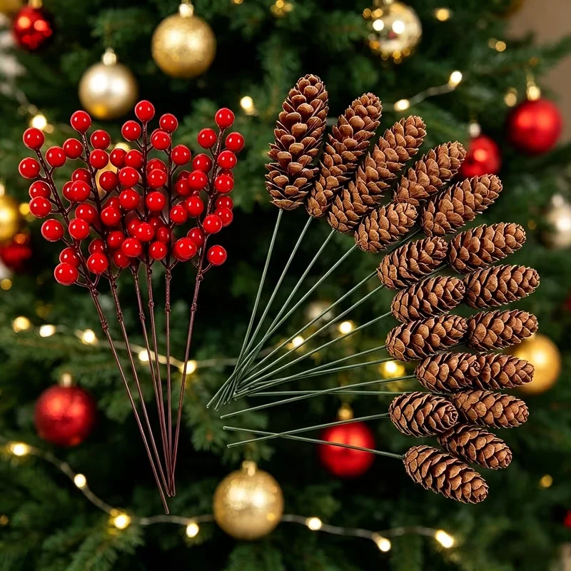 40pcs Pine Cone Red Berry Picks, Realistic Christmas Tree Decor, Winter Wedding Wreath Centerpiece, Holiday Garland Accessories