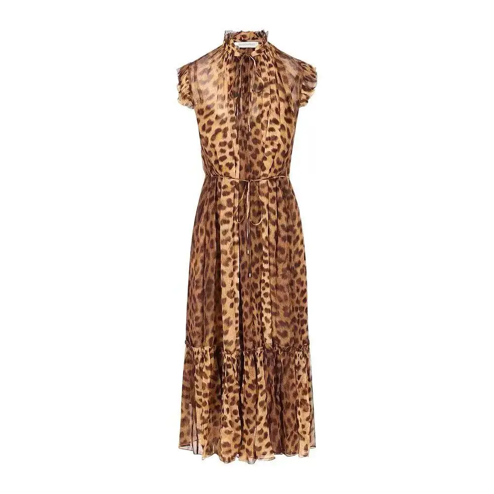 

Light luxury 2025 new retro leopard print lace edge small flying sleeve midi waist-cinching dress