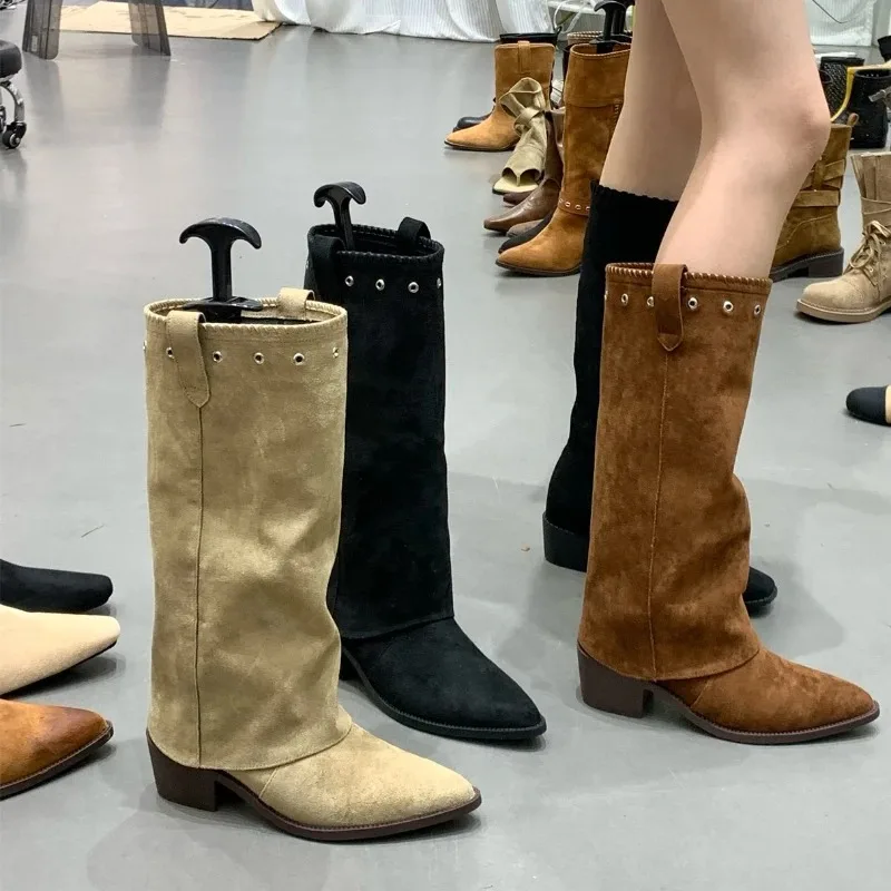 

Модные винтажные женские ковбойские сапоги в стиле вестерн на толстом каблуке, дизайнерская комбинированная обувь, осенне-зимние женские длинные ботильоны-дудочки