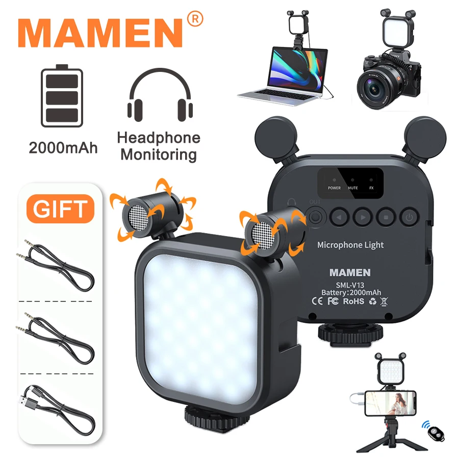 MAMEN-LED Microfone-Lâmpada, Vídeo Luz, Câmera De Gravação Estéreo, Fotografia Luz Para Telefone, Laptop, Conferência, Transmissão Ao Vivo