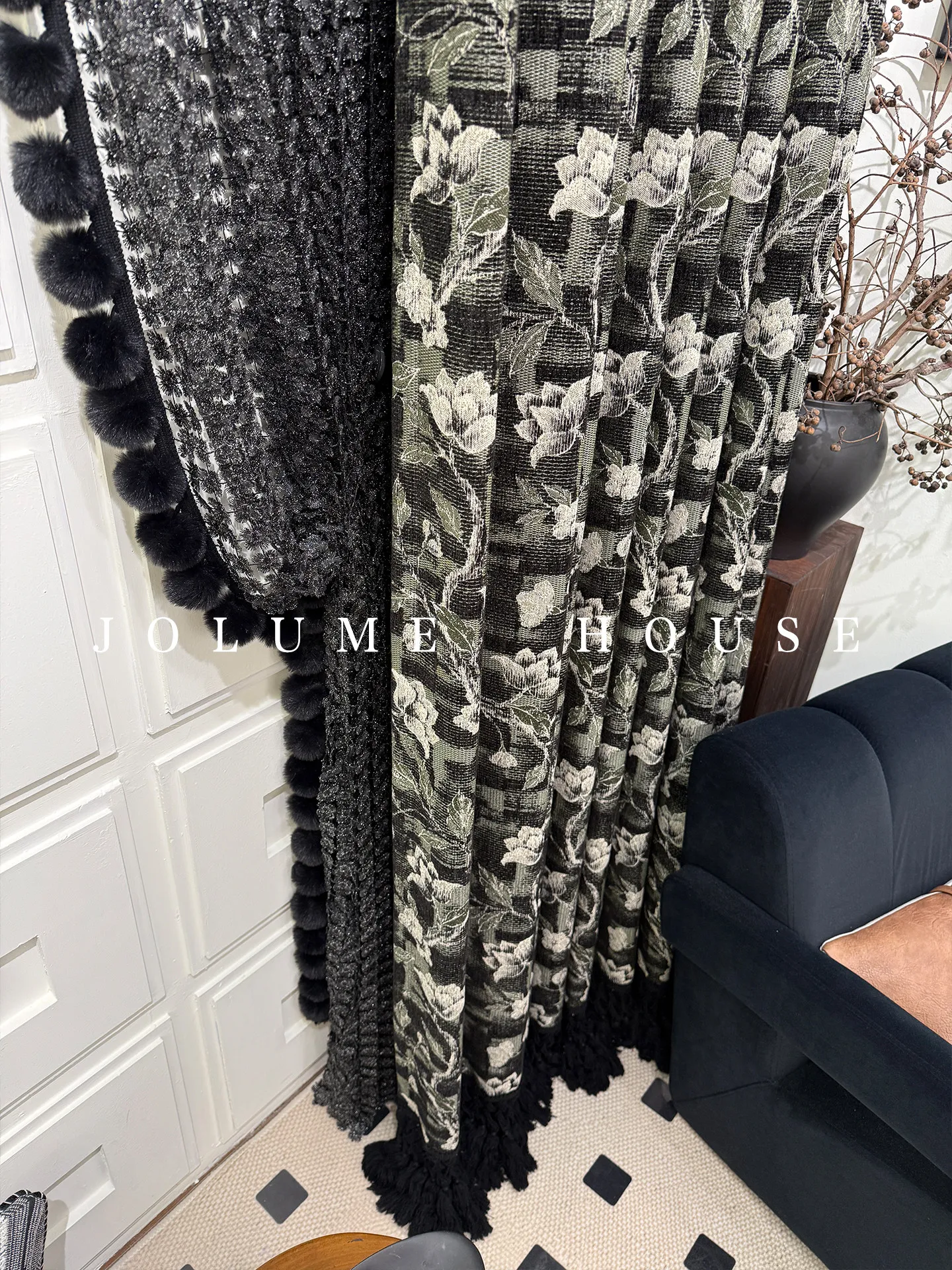 Vintage Dark Green Magnolia Jacquard Thickened Chenille Curtains for Living Room and Bedroom Customized Products